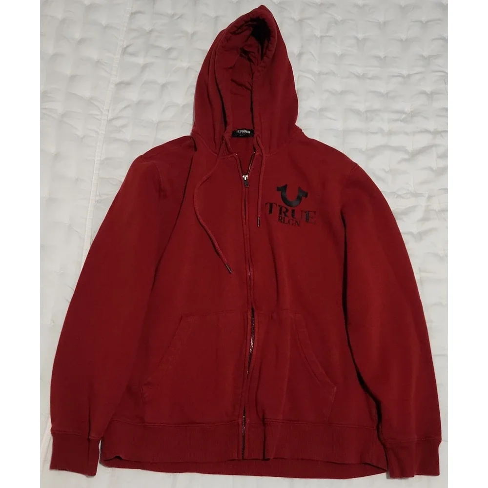 True Religion Men's Red Full Zip Hooded Hoodie Graphic Logo Pockets Size M